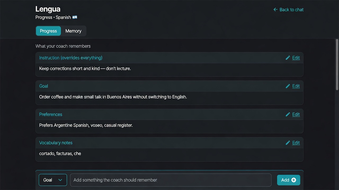 Lengua memory browser — exactly what the coach remembers about you, editable